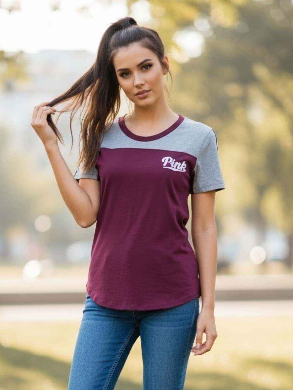 PINK Victoria's Secret Maroon and Gray Short-Sleeve Colorblock Tee